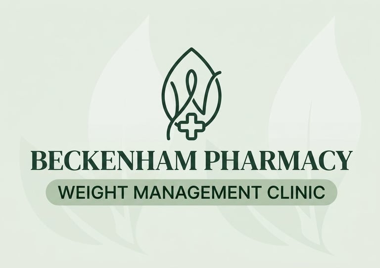 Beckenham Pharmacy Weight Management Clinic logo with leaf and medical cross icon