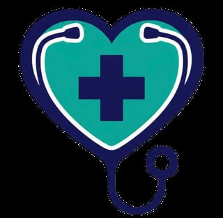 Stethoscope forming a heart shape with a medical cross symbol in the center