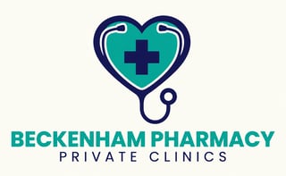 Beckenham Pharmacy Private Clinics logo mark with heart and stethoscope icon in teal and navy blue